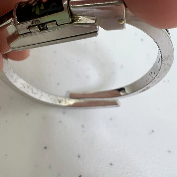 Jean Perret Geneve Enameled Watch Bracelet Black Floral Silver Tone Cuff Vintage main image 9